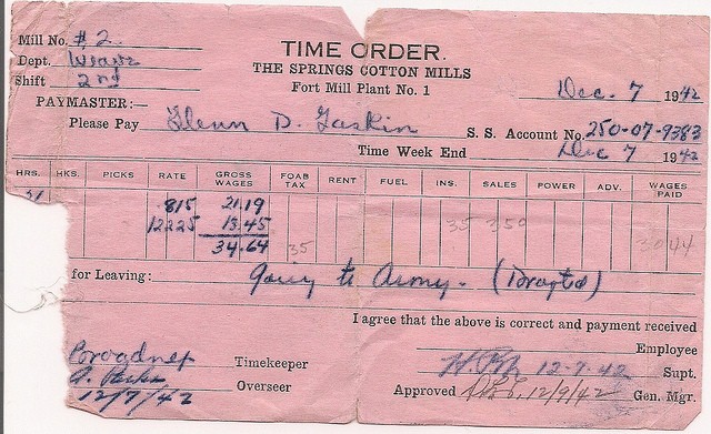 Time order pink payroll record before leaving for WWII. Glenn Gaskins last payroll recod before entering WWII by wcgaskins59 is licensed under CC BY 2.0
