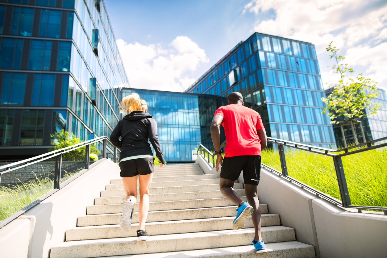 Employees using a workplace wellness program.