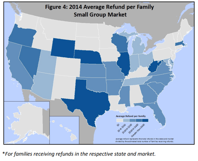 Map of the average refund per family in the small group market.