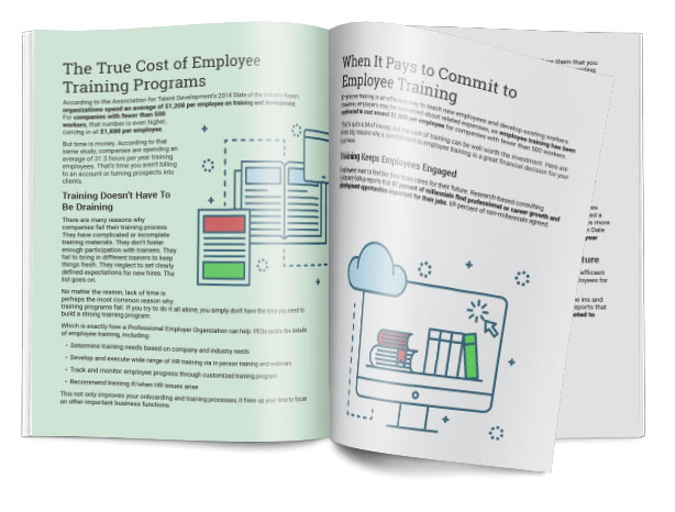 Open pages for a guide on the cost and benefits of employee training.